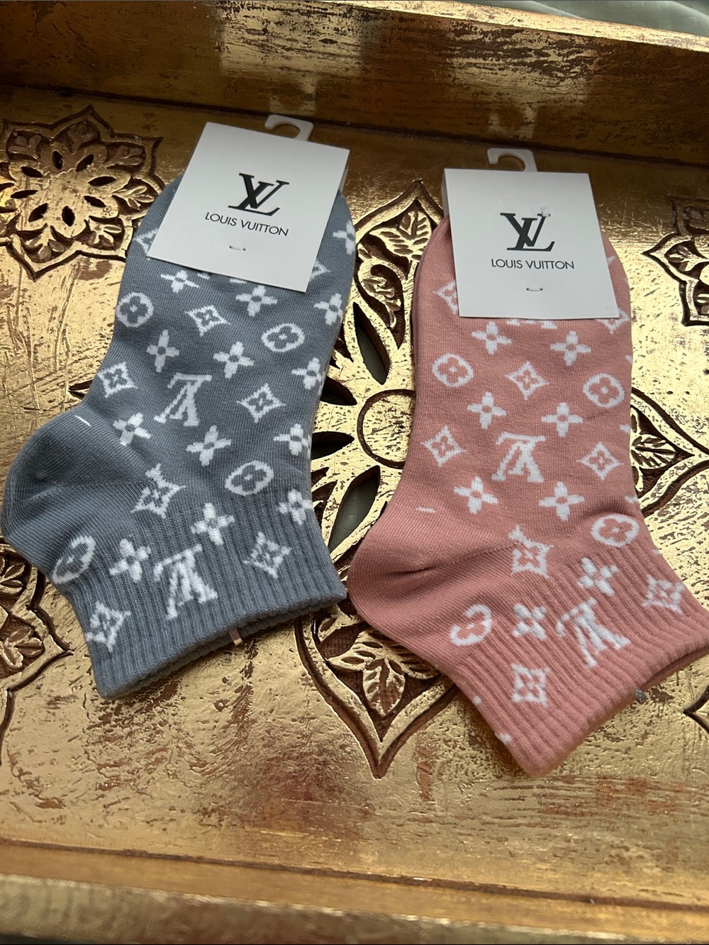 Louis Vuitton Gray and Pink Monogram Crew Socks Duo